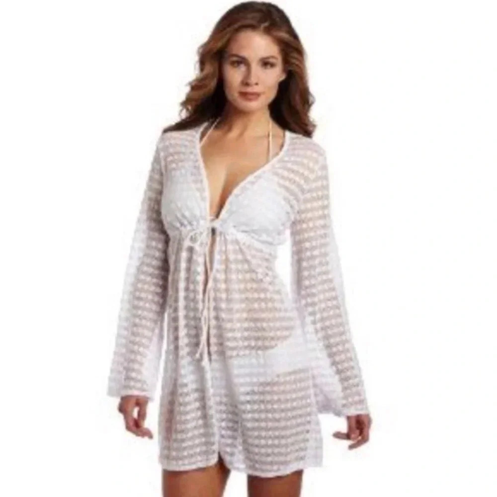 Long sleeve tie front swim coverup